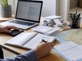 Déclaration IFI 2026 : bureau avec calculatrice, documents fiscaux et laptop