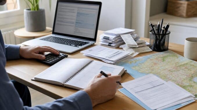 Déclaration IFI 2026 : bureau avec calculatrice, documents fiscaux et laptop