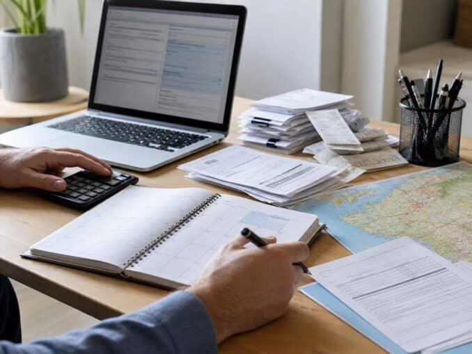 Déclaration IFI 2026 : bureau avec calculatrice, documents fiscaux et laptop