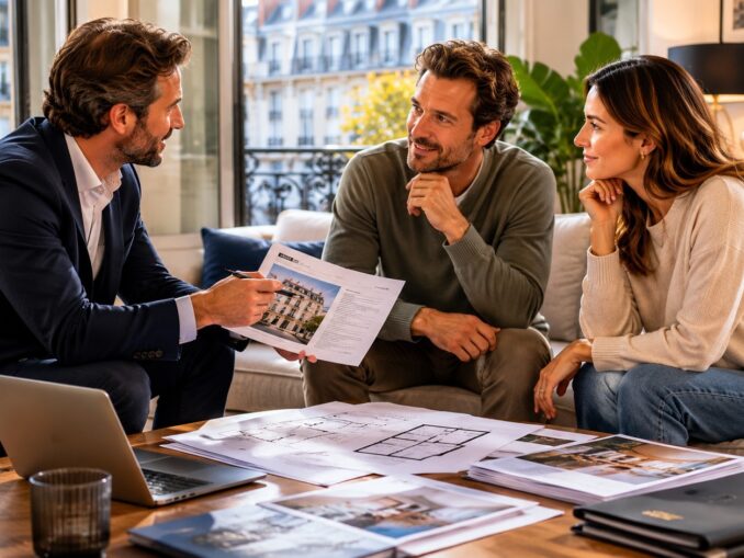 Propriétaire-bailleur discutant de son assurance PNO avec un conseiller immobilier