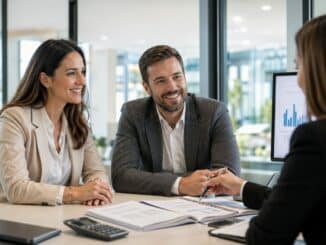 Couple en rendez-vous avec un conseiller bancaire pour un prêt relais immobilier