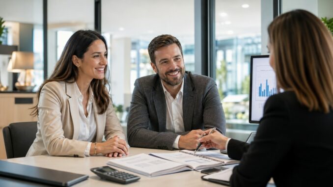 Couple en rendez-vous avec un conseiller bancaire pour un prêt relais immobilier