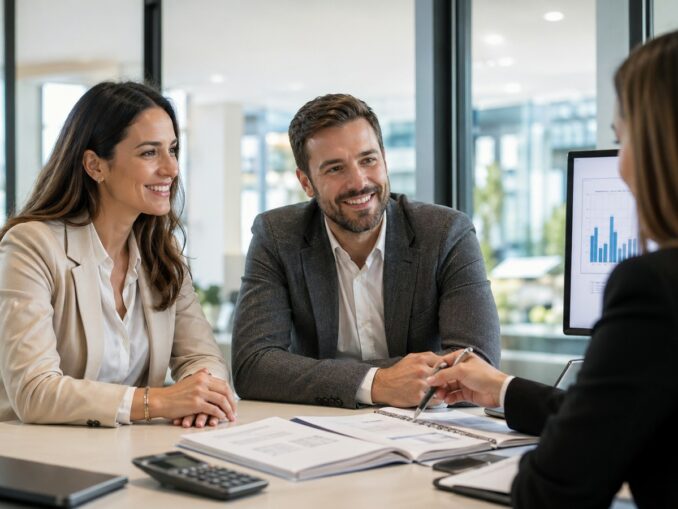 Couple en rendez-vous avec un conseiller bancaire pour un prêt relais immobilier