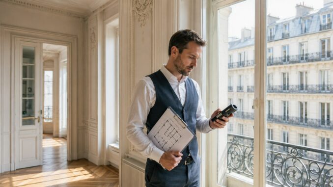 Diagnostiqueur immobilier en inspection dans un appartement haussmannien à Paris