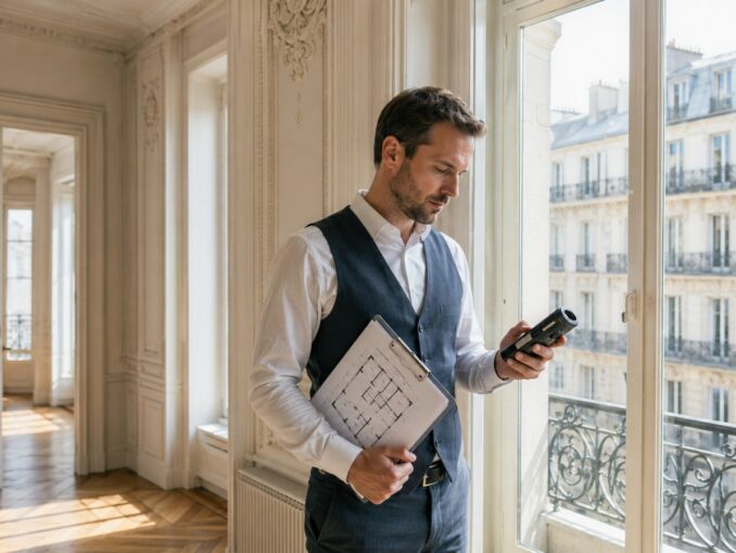 Diagnostiqueur immobilier en inspection dans un appartement haussmannien à Paris