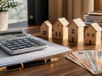 Calculatrice, billets euros et maquettes de maisons sur un bureau – taux Livret A août 2026