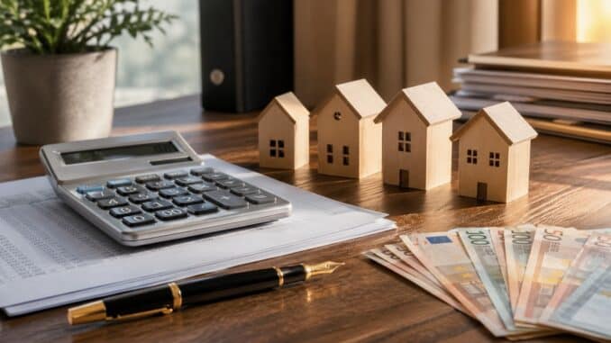 Calculatrice, billets euros et maquettes de maisons sur un bureau – taux Livret A août 2026