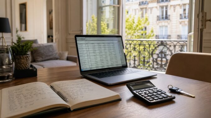 Bureau avec laptop affichant un tableau de calcul, calculatrice et clés d'appartement - révision de loyer IRL 2026