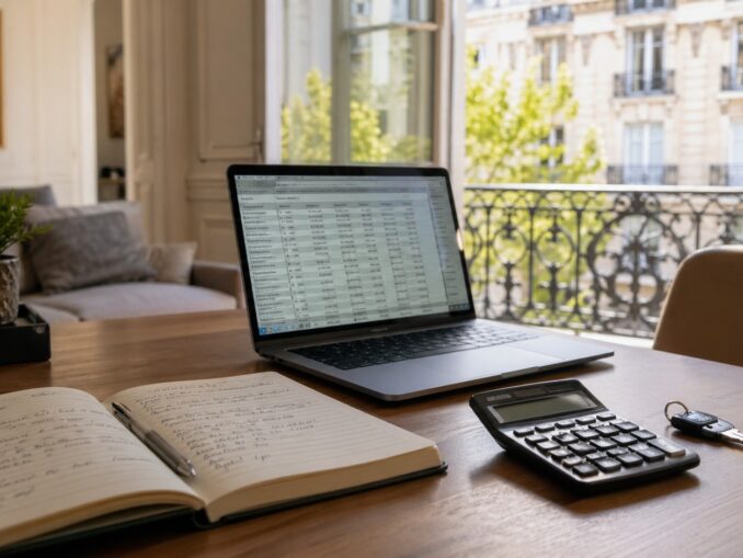 Bureau avec laptop affichant un tableau de calcul, calculatrice et clés d'appartement - révision de loyer IRL 2026
