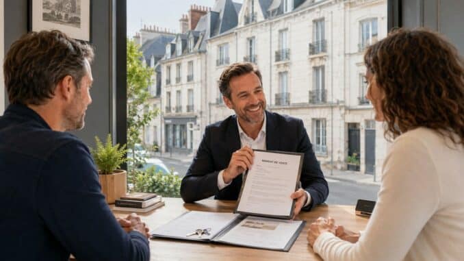 Agent immobilier présentant un mandat de vente exclusif à un couple de vendeurs